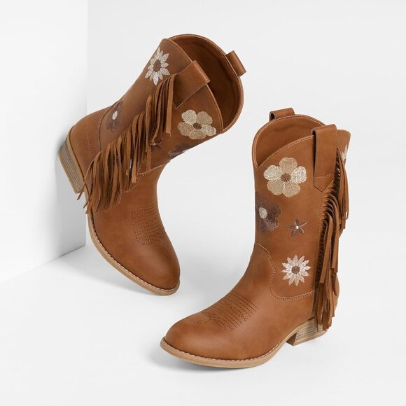 Girls Brown Cowgirl Boots With Tassel Floral Embroidered Kids Western Boots - Picture 7 of 7